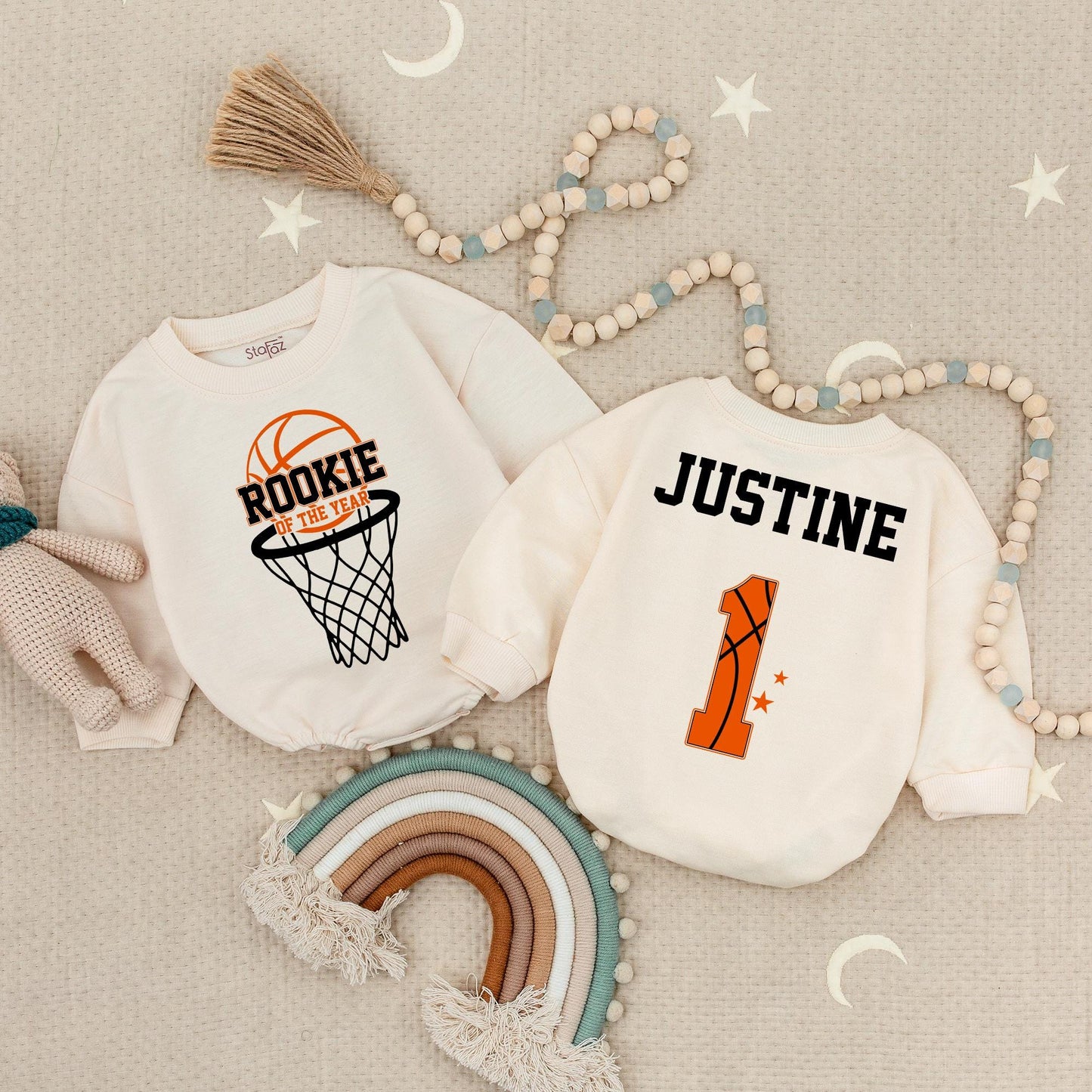 Rookie of the Year 1st Birthday Romper for Baby Ballers! Custom Justine One Bodysuit, Sporty First Birthday Outfit, Orange & Black Basketball Theme