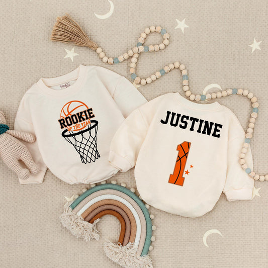 Rookie of the Year 1st Birthday Romper for Baby Ballers! Custom Justine One Bodysuit, Sporty First Birthday Outfit, Orange & Black Basketball Theme