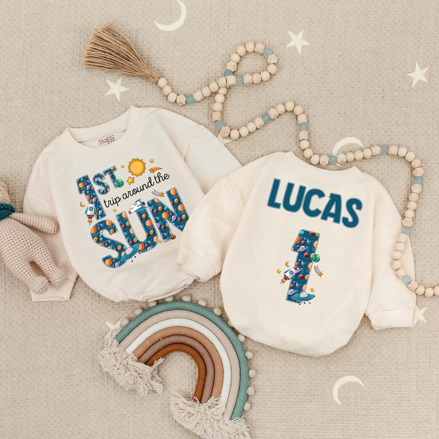 Outer Space "1ST Trip Around The SUN" Baby Romper, Lucas 1st Birthday Blast Off Party Suit, Planets Stars Spaceships Fun
