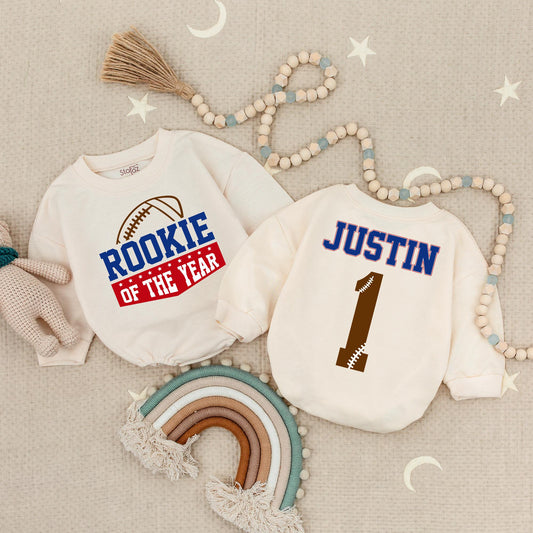Rookie of the Year Football Baby Romper for First Birthday Celebrations Bold Blue Red Stars Playful Sports Theme Outfit