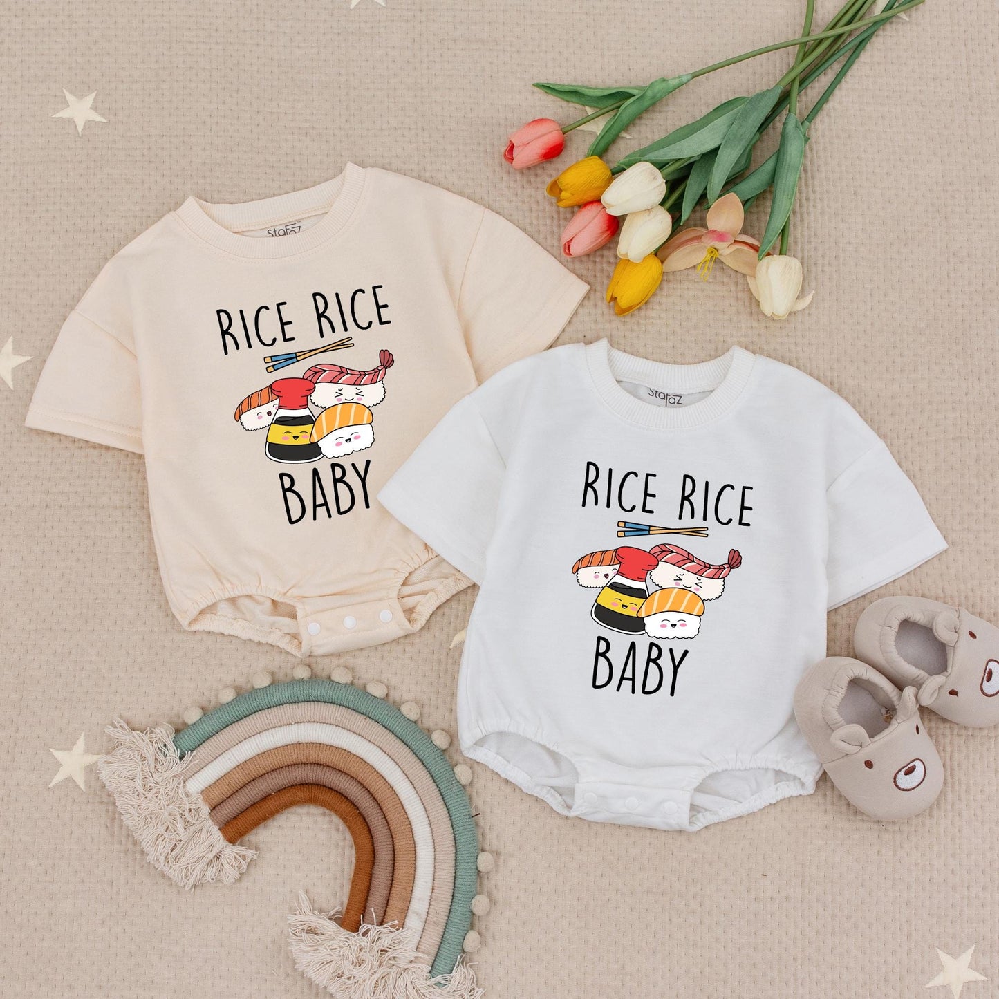 Rice Rice Baby Sushi Romper Funny Asian Bodysuit Cute Japanese Noodles Outfit Unisex Infant Clothes Vibrant Colors Foodie Gift Soft Cotton 132-139