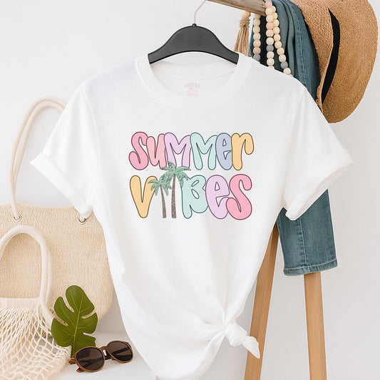 Summer Vibes Beach Shirt for Women: Pastel Bubble Letters & Palm Trees! Retro Summer Tee, Coastal Vacation Gift