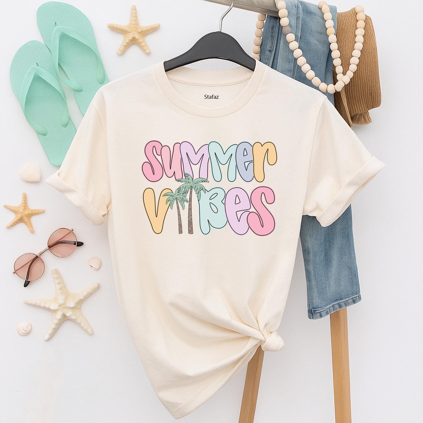 Summer Vibes Beach Shirt for Women: Pastel Bubble Letters & Palm Trees! Retro Summer Tee, Coastal Vacation Gift