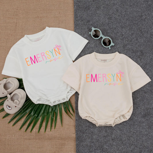 Personalized Baby Girl Floral Bow Bubble Romper for Name First Birthday Outfit Soft Cotton Bodysuit Shower Gift Toddler Clothing