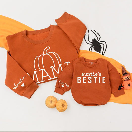 Personalized Auntie and Bestie Fall Matching Family Sweatshirts Autumn Pumpkin Patch Mom and Me Kids Outfits Cozy Thanksgiving Attire