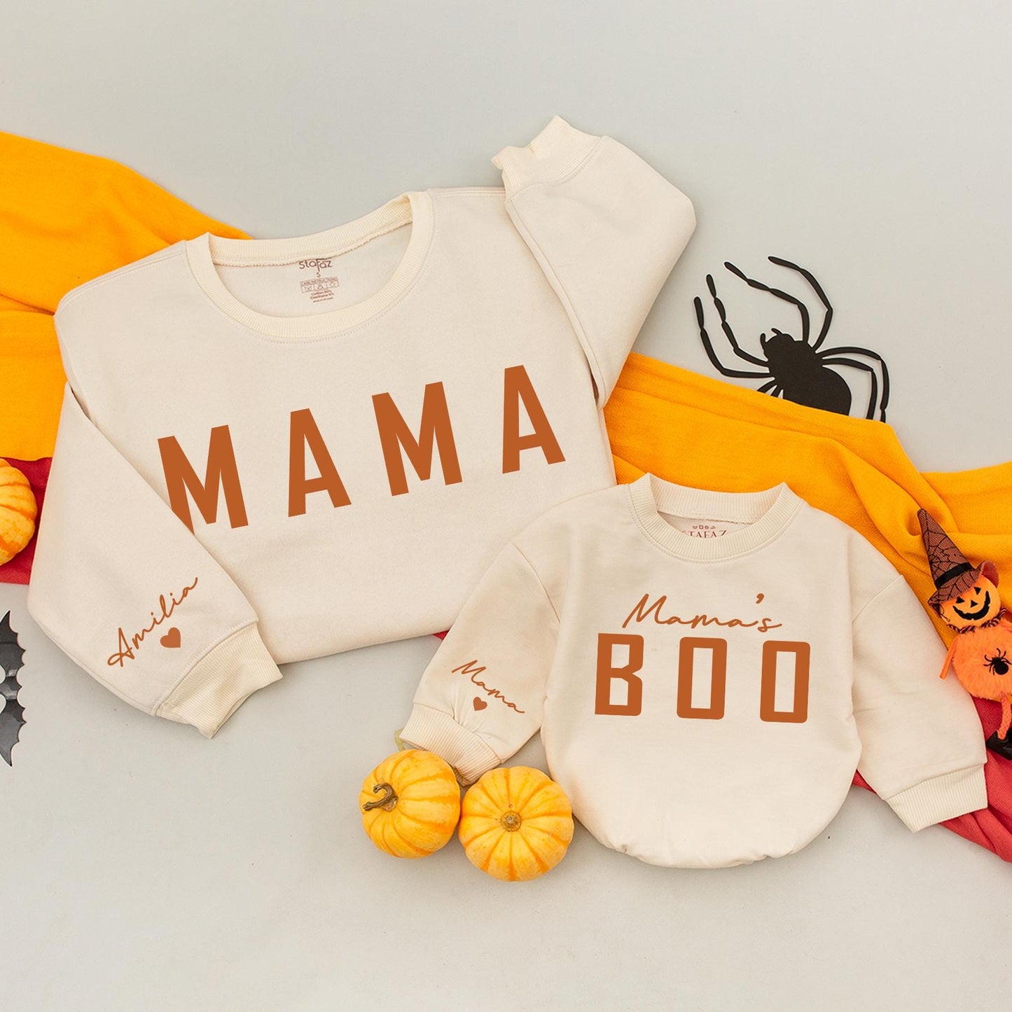 Mama and Mama's Boo Matching Fall Sweatshirt & Baby Girl Pumpkin Romper Cozy Family Autumn Outfits Baby Shower Gift