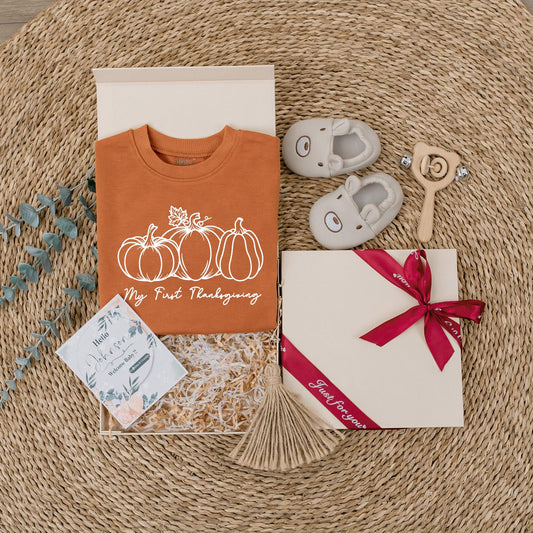 My First Thanksgiving Baby Outfit Romper for Boy or Girl Pumpkin Clothes, soft comfy infant wear for a sweet coming home or holiday gift.