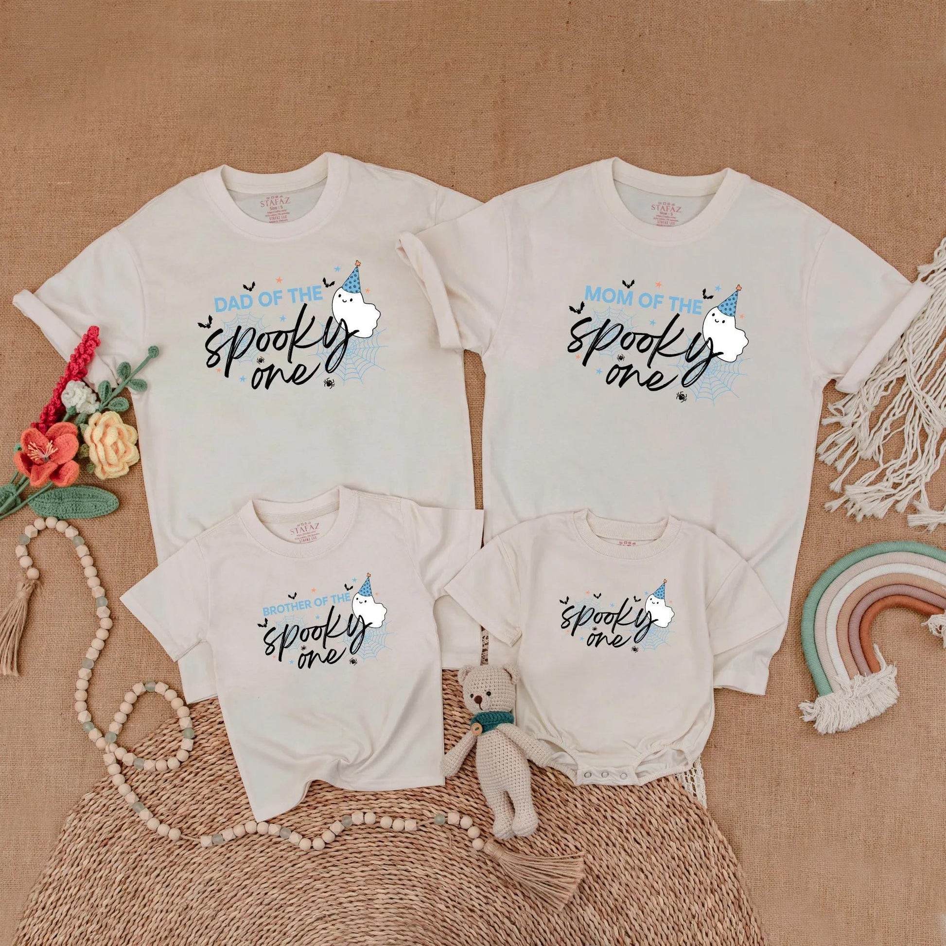 Blue Spooky One Birthday Boy Matching Family Shirts Ghost Halloween 1st Birthday Outfits Baby Toddler Mom Dad