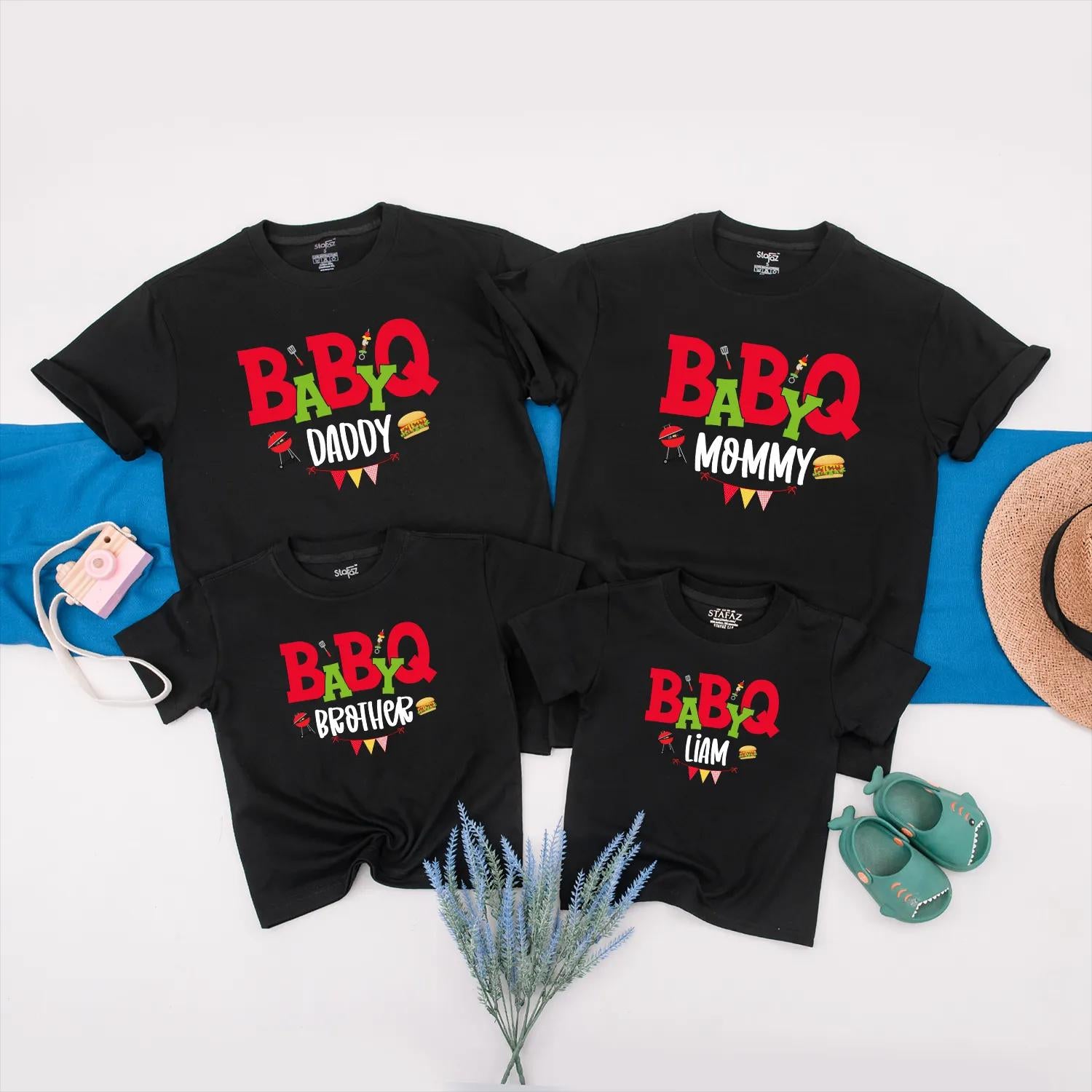 BABYQ Matching Family BBQ Party Shirts: Custom Liam's Grilling Crew Outfits - Personalized Cookout Clothes, Fun Baby Shower Gift Idea, Red & Green