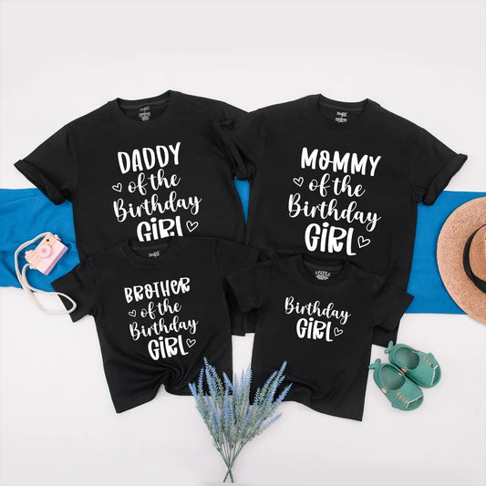 Birthday Girl Family Matching Shirt Daddy Mommy Sister & Birthday Girl Cute Heart Design Black Text Casual Outfit