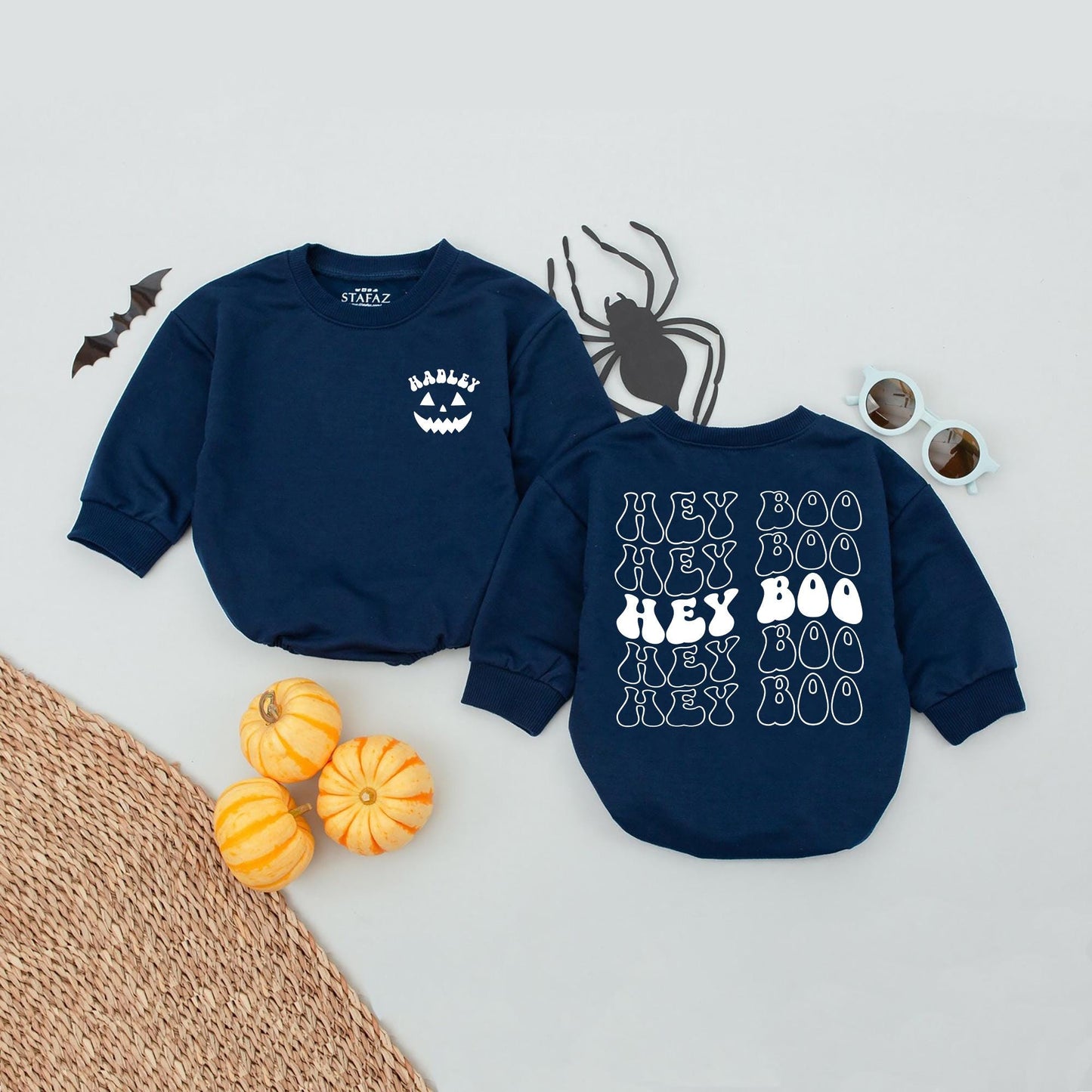 Personalized Hadley Hey Boo Halloween Baby Romper Cute Orange Purple Pumpkin Fall Toddler Shirt First Holiday Outfit