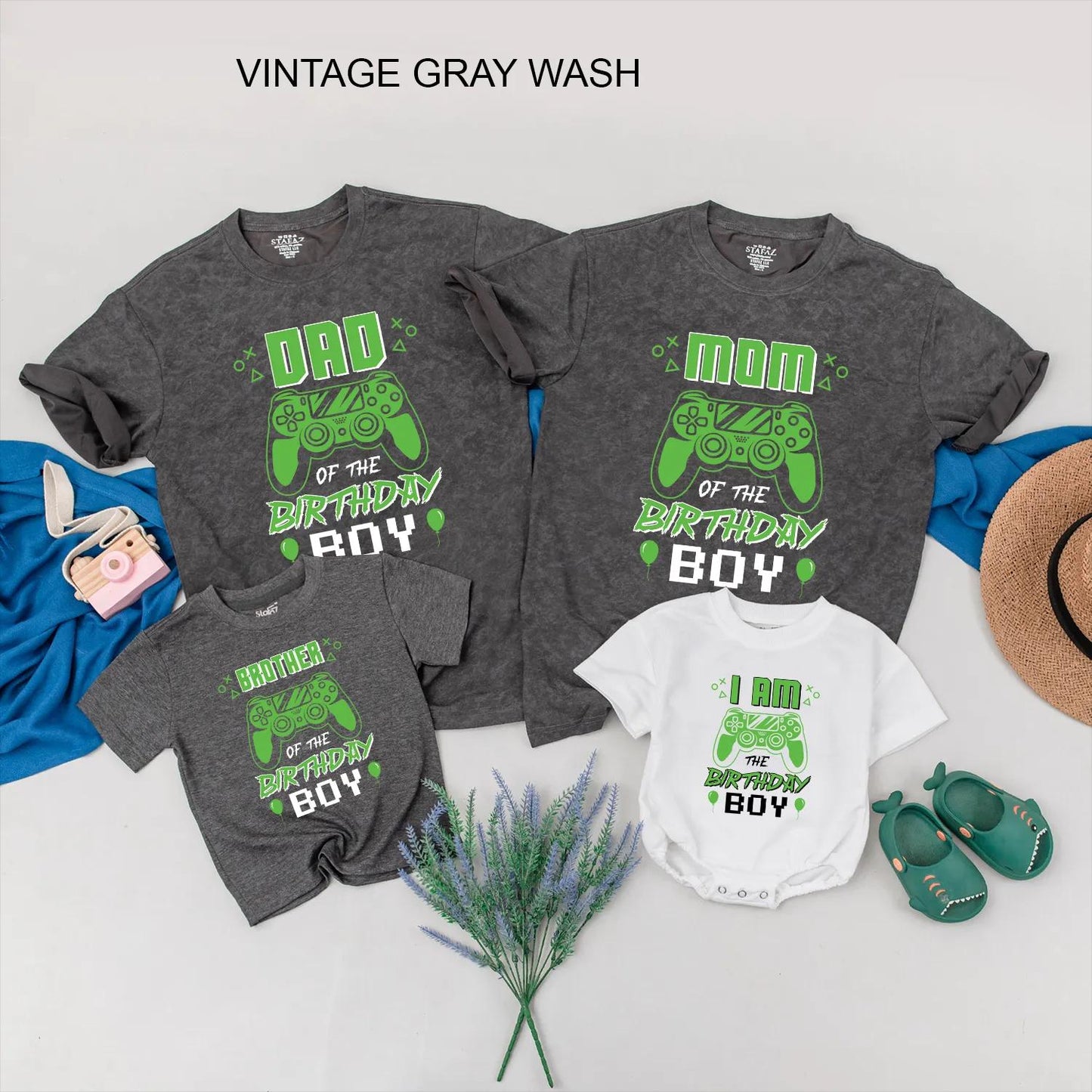 Matching Custom Gamer Family Birthday Shirts featuring Gaming Controller & Neon Text, Fun Retro Design for Video Game Party Boy Celebration