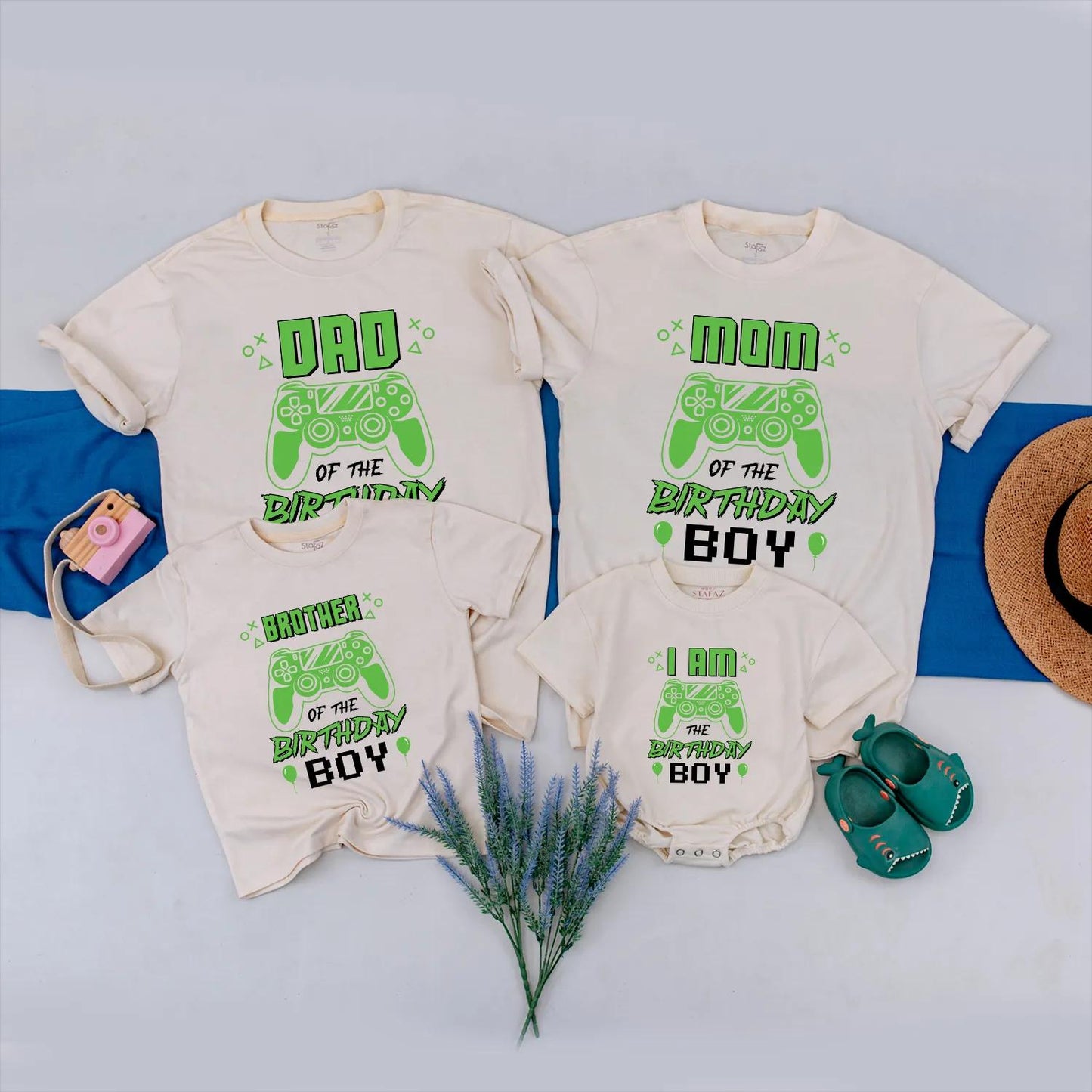 Matching Custom Gamer Family Birthday Shirts featuring Gaming Controller & Neon Text, Fun Retro Design for Video Game Party Boy Celebration
