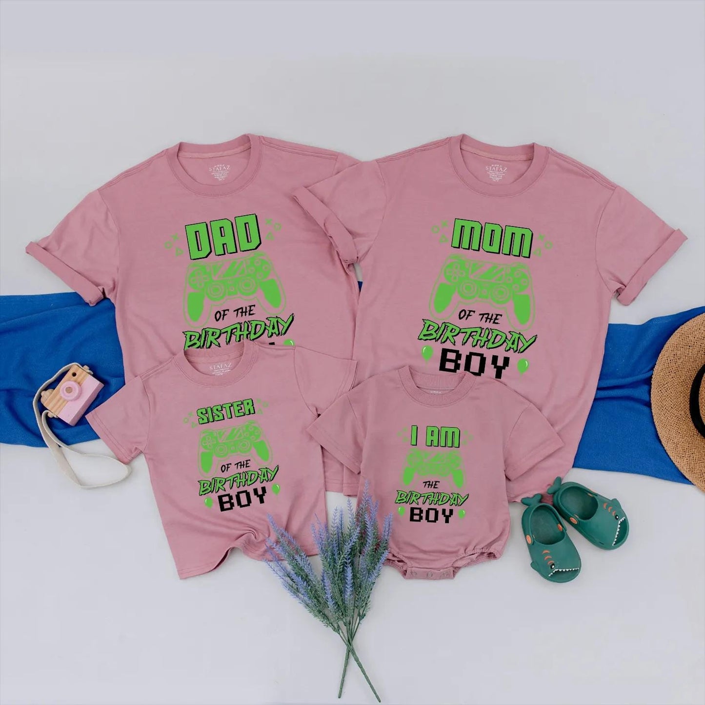 Matching Custom Gamer Family Birthday Shirts featuring Gaming Controller & Neon Text, Fun Retro Design for Video Game Party Boy Celebration