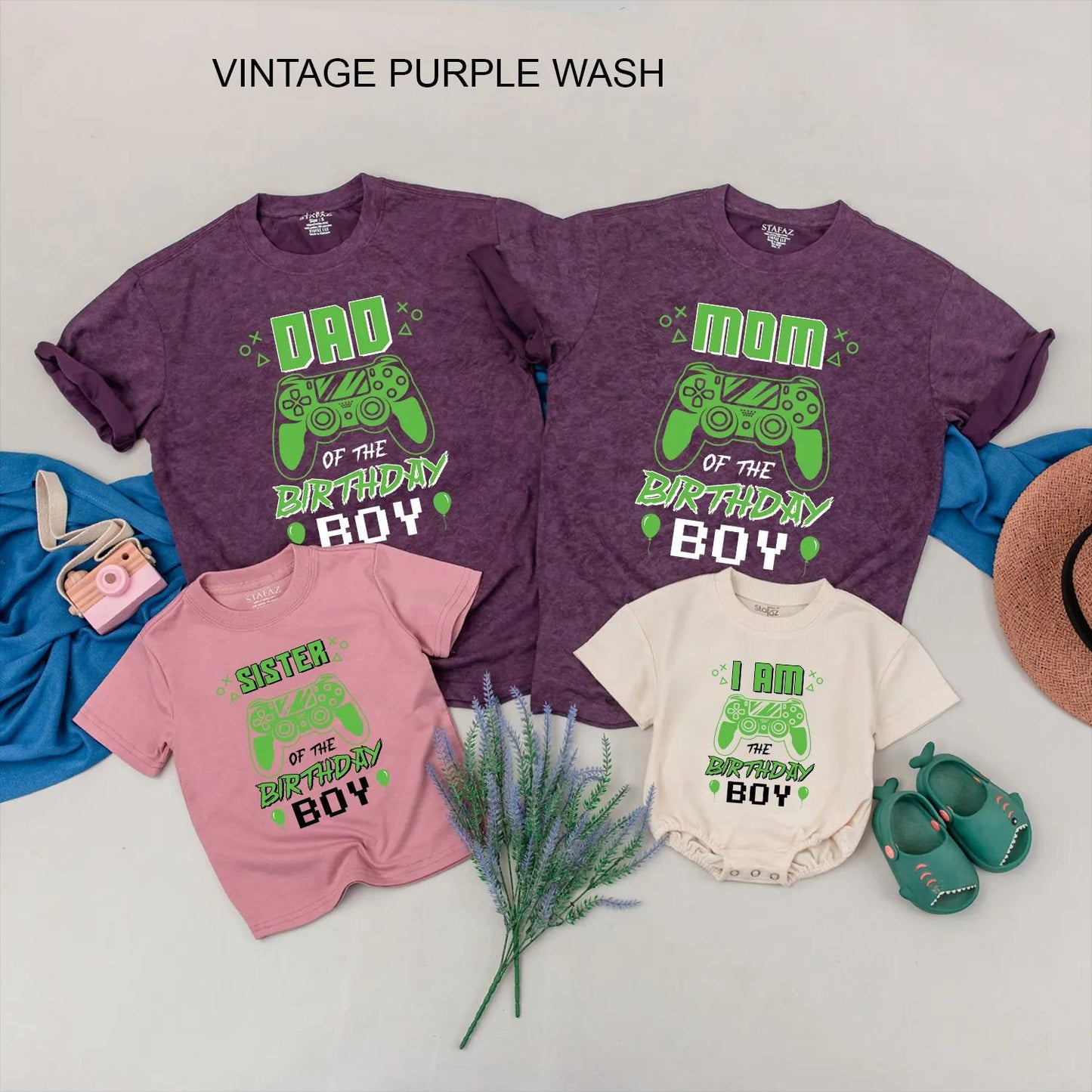 Matching Custom Gamer Family Birthday Shirts featuring Gaming Controller & Neon Text, Fun Retro Design for Video Game Party Boy Celebration