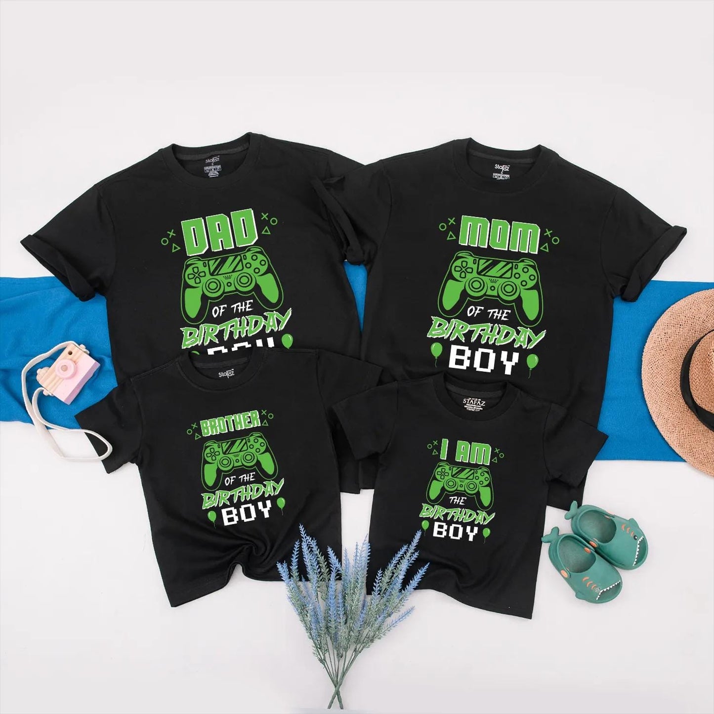 Matching Custom Gamer Family Birthday Shirts featuring Gaming Controller & Neon Text, Fun Retro Design for Video Game Party Boy Celebration