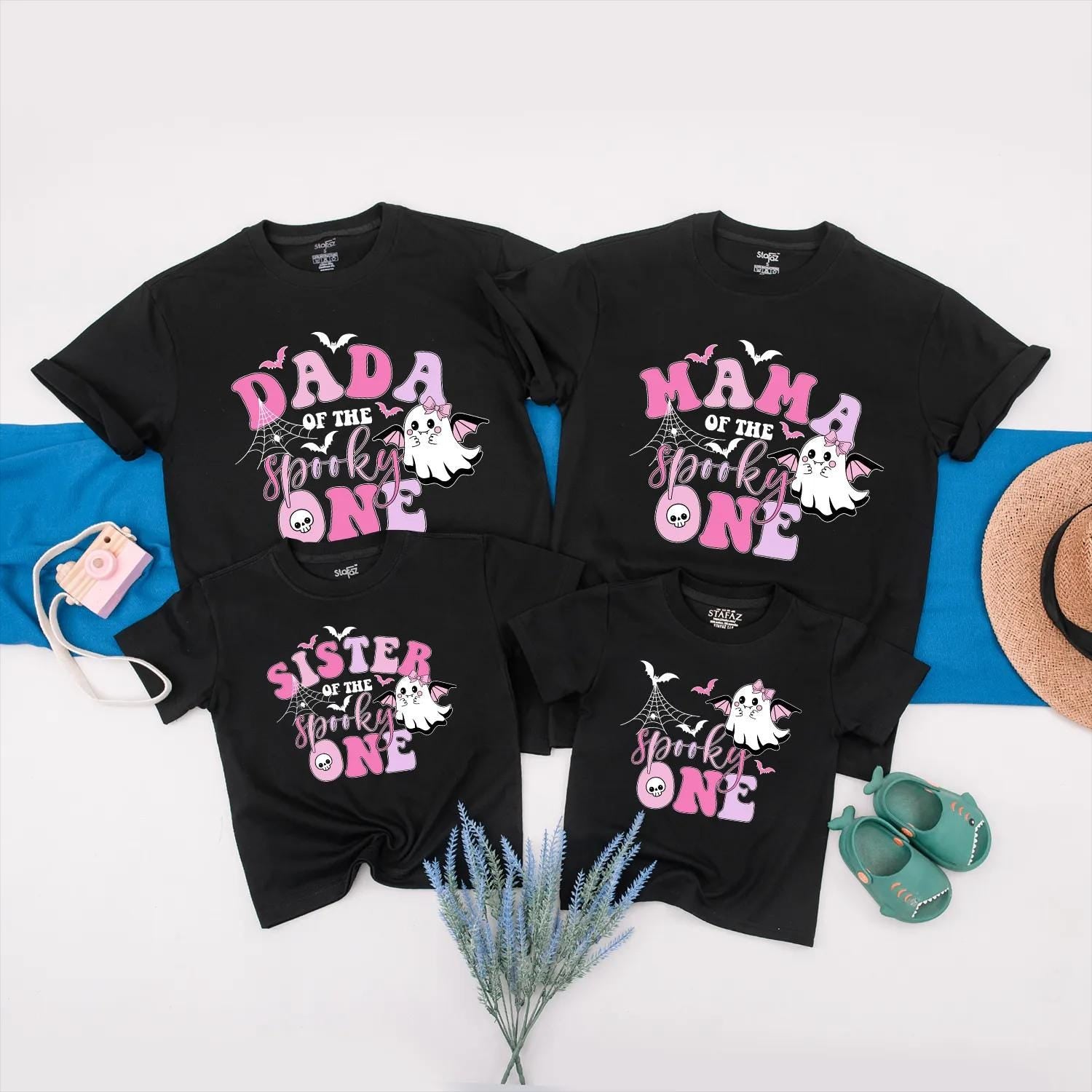 Custom Pink Halloween Birthday Shirt for Baby Girl Spooky One 1st Birthday Little Ghost Matching Family Outfit Cute Ghost Design