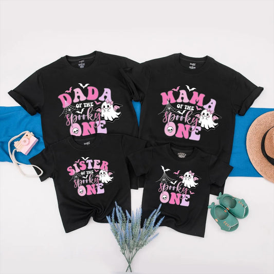Custom Pink Halloween Birthday Shirt for Baby Girl Spooky One 1st Birthday Little Ghost Matching Family Outfit Cute Ghost Design