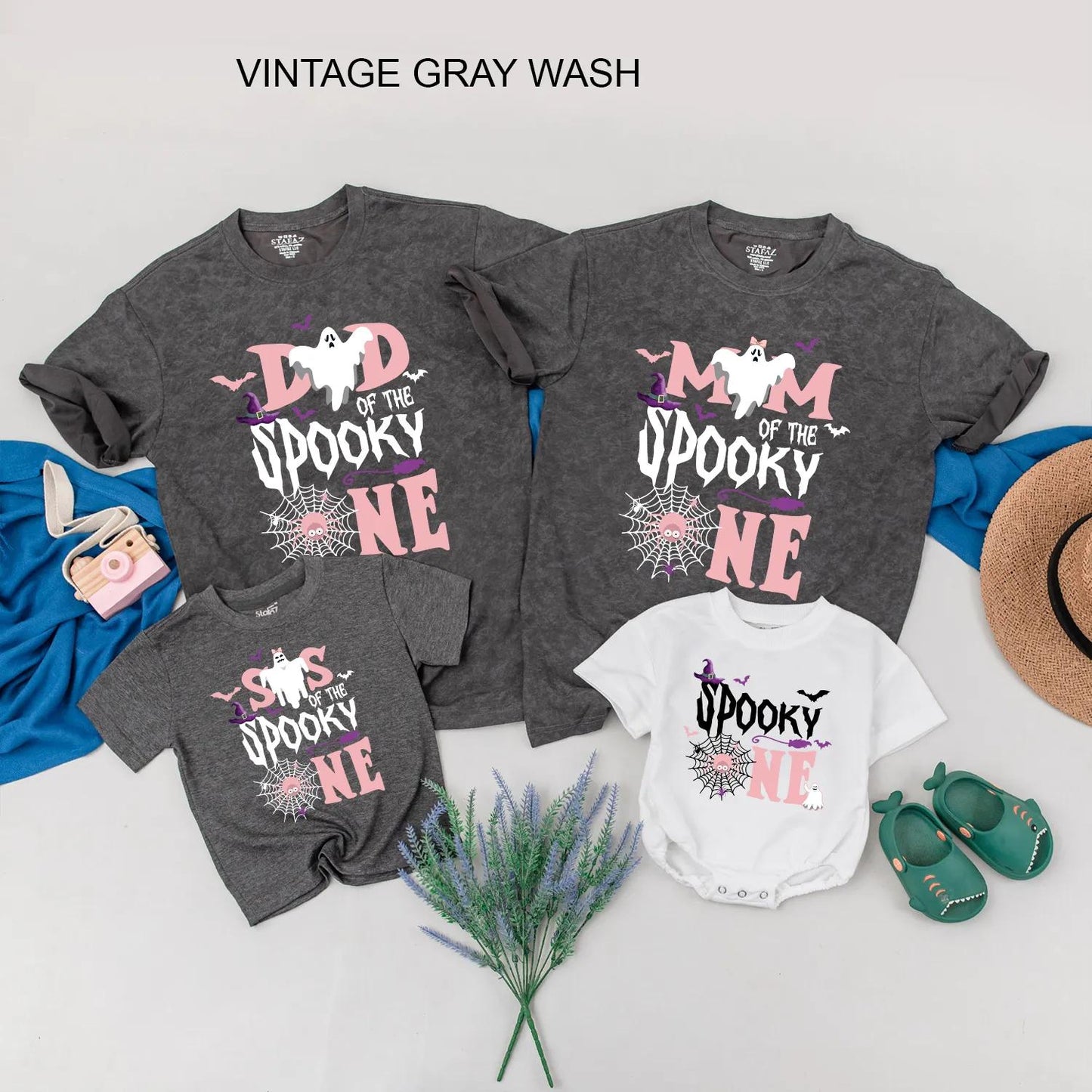Spooky One Halloween Birthday Matching Family Shirts Ghost Witch Hat Bats Spiderweb Pink White Baby Romper First Birthday Girl Gift