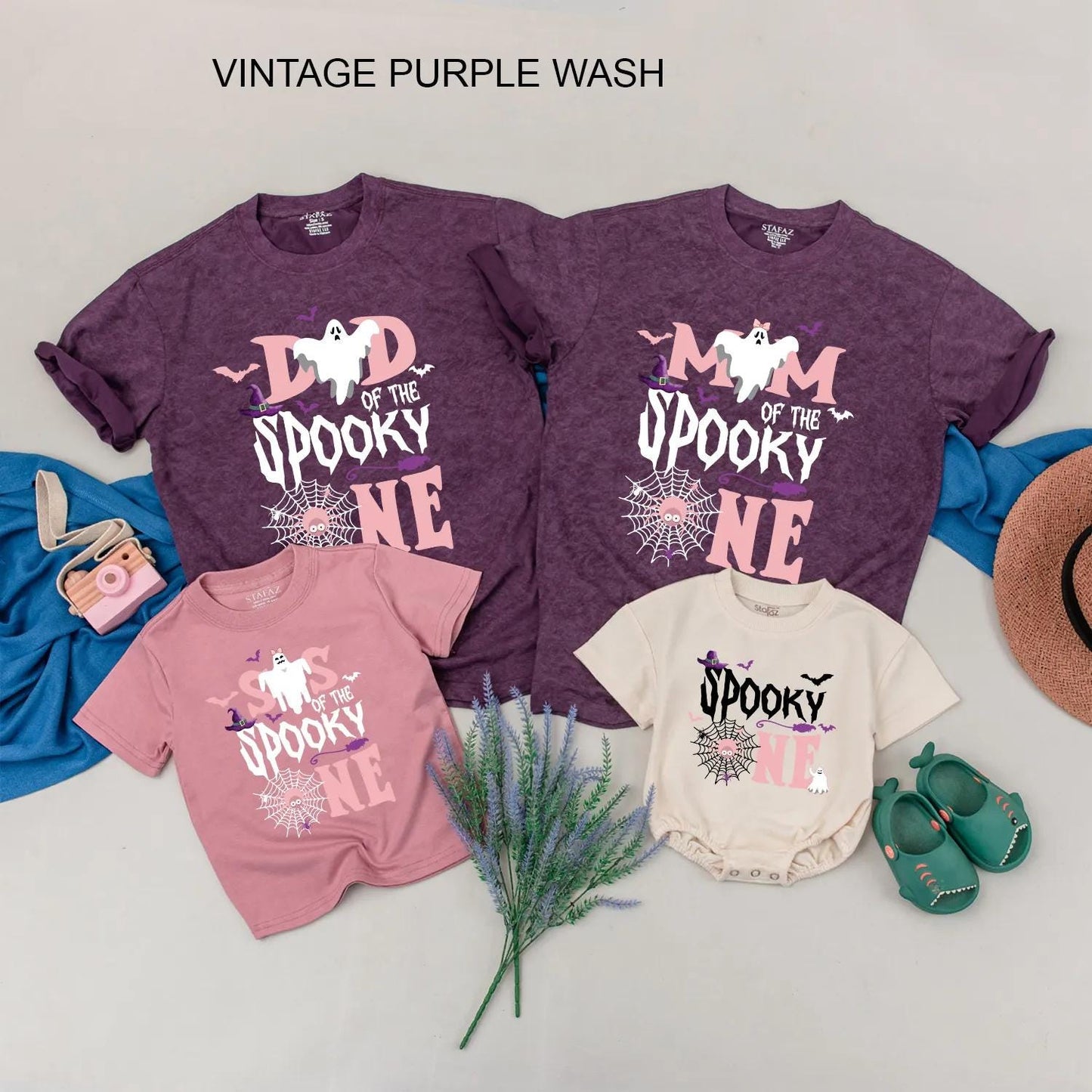 Spooky One Halloween Birthday Matching Family Shirts Ghost Witch Hat Bats Spiderweb Pink White Baby Romper First Birthday Girl Gift