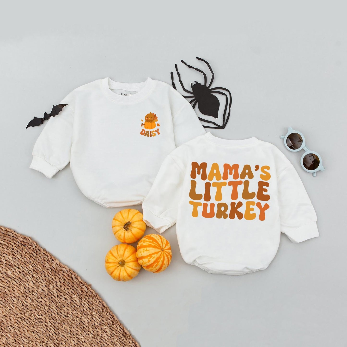Daisy Baby Thanksgiving Romper, Mama's Little Turkey Fall Outfit, Personalized Infant Girl Thanksgiving Clothes, Pumpkin Patch Baby