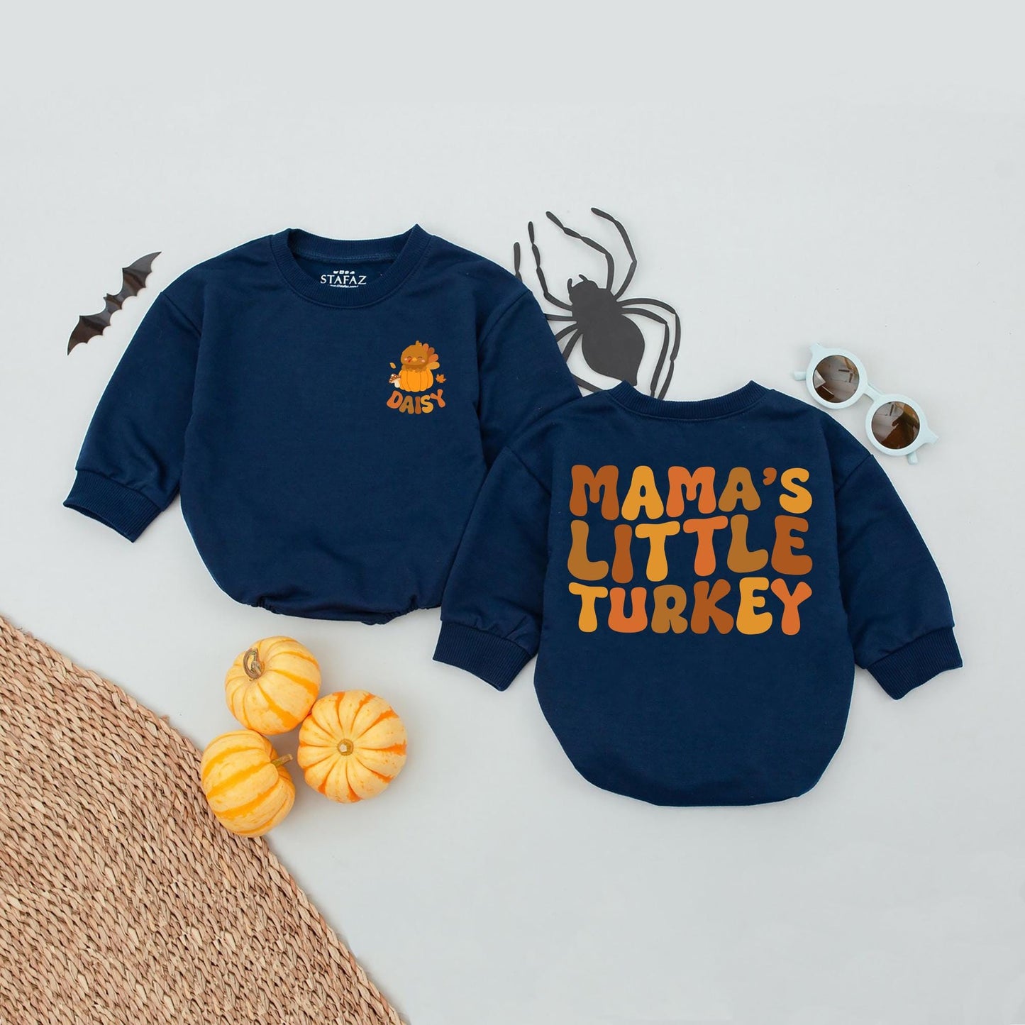 Daisy Baby Thanksgiving Romper, Mama's Little Turkey Fall Outfit, Personalized Infant Girl Thanksgiving Clothes, Pumpkin Patch Baby