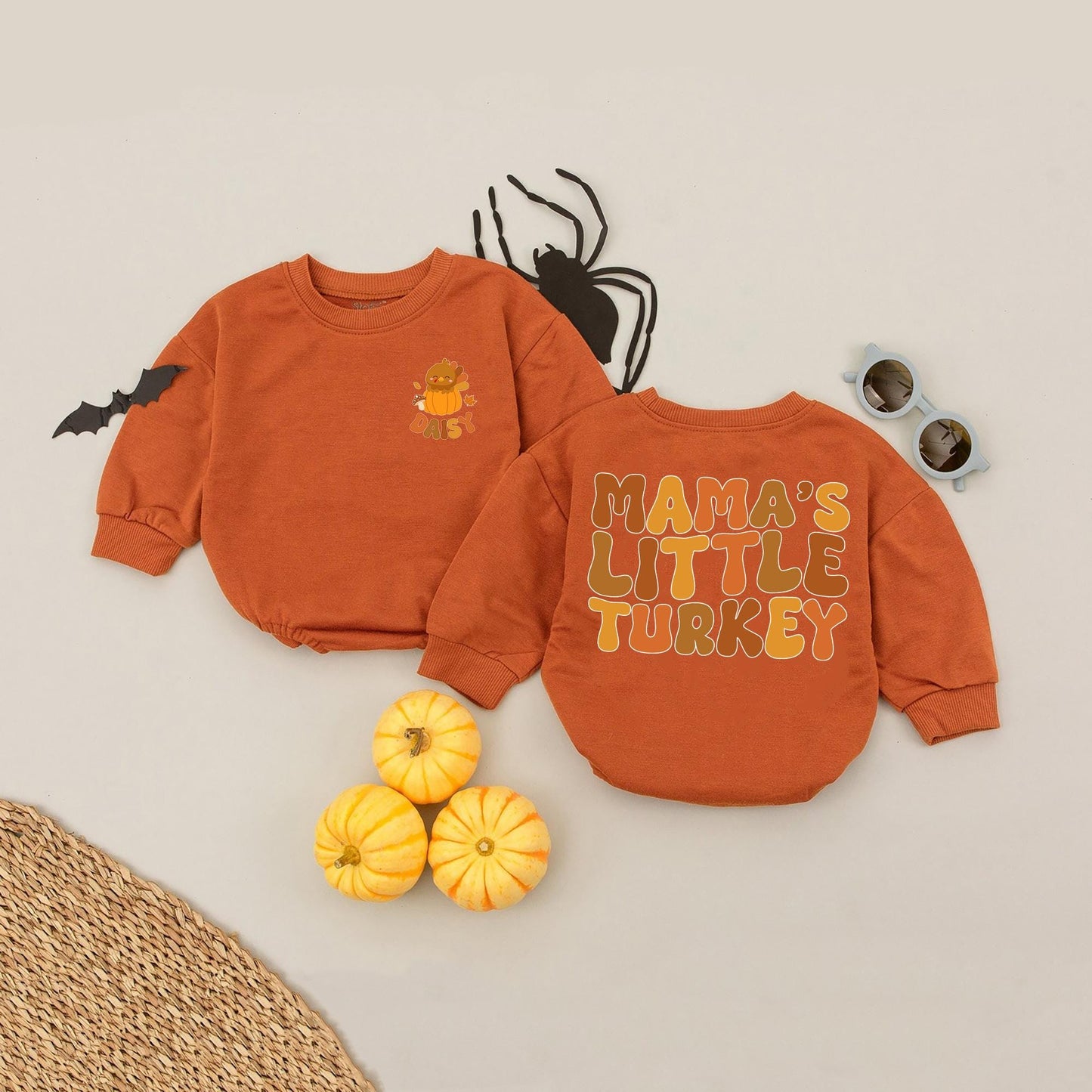 Daisy Baby Thanksgiving Romper, Mama's Little Turkey Fall Outfit, Personalized Infant Girl Thanksgiving Clothes, Pumpkin Patch Baby