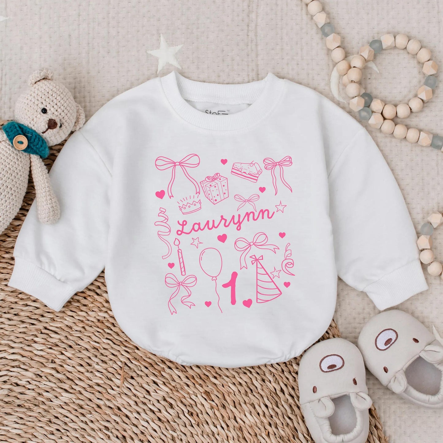 Custom Doodle Name Birthday Girl Bubble Romper - Pink Bow Baby Outfit, First Birthday Gift, Cute Toddler Clothes