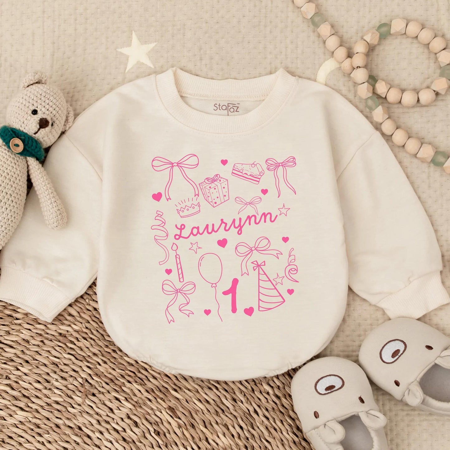 Custom Doodle Name Birthday Girl Bubble Romper - Pink Bow Baby Outfit, First Birthday Gift, Cute Toddler Clothes