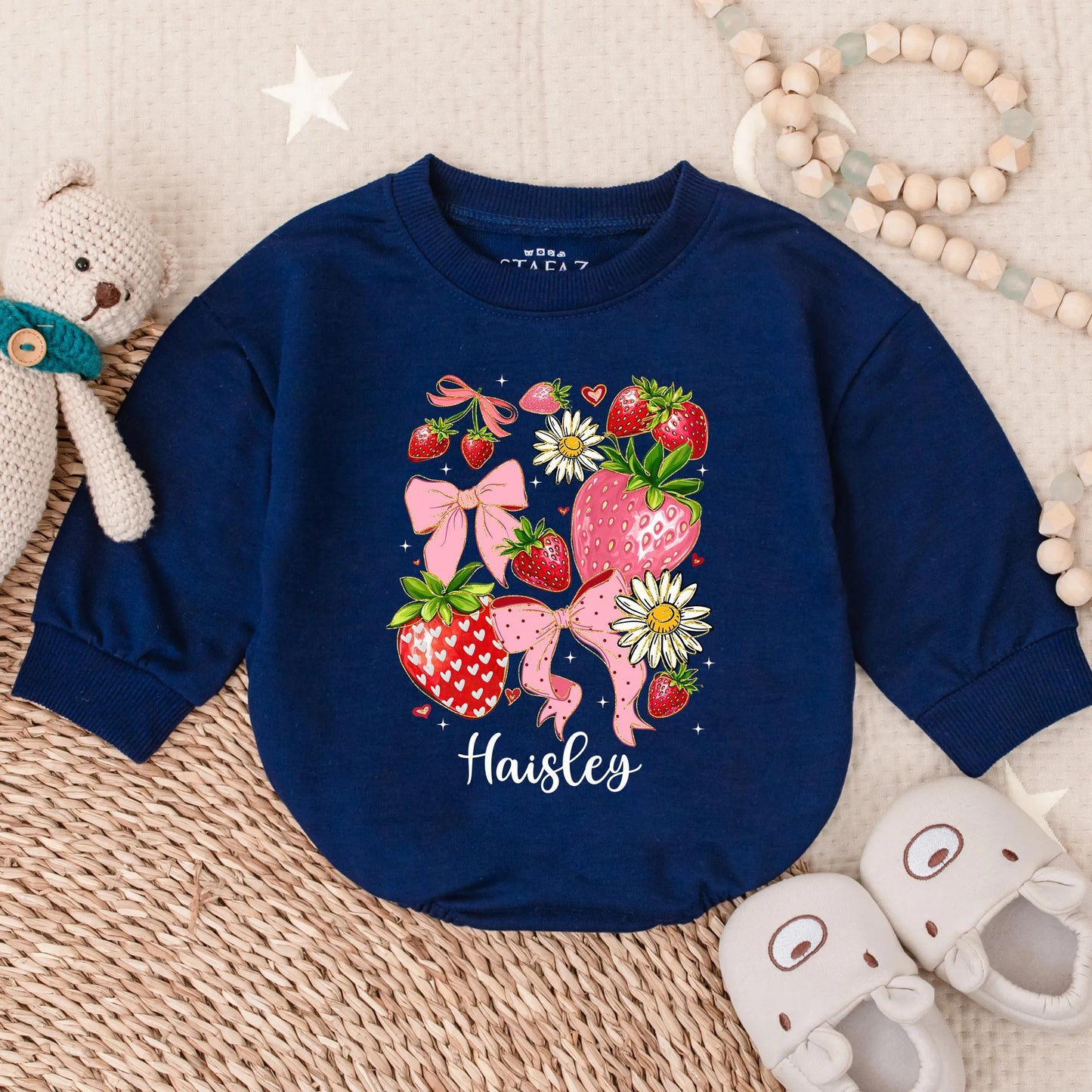 Personalized Boho Strawberry Romper | Sweet Baby Girl Summer Outfit & Floral Strawberry Shower Gift
