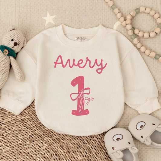 Personalized First Birthday Girl Bow Bubble Romper Outfit Sweet Baby Girl 1st Birthday Celebration Gift Idea Toddler Clothes