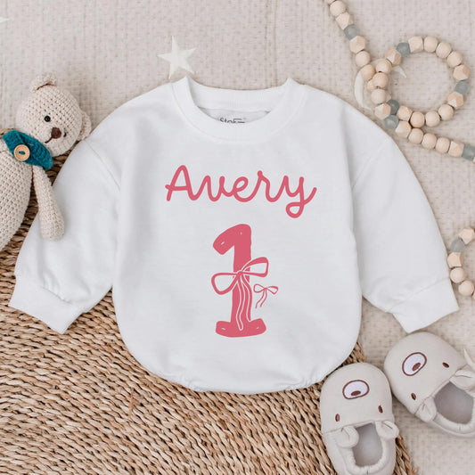 Personalized First Birthday Girl Bow Bubble Romper Outfit Sweet Baby Girl 1st Birthday Celebration Gift Idea Toddler Clothes