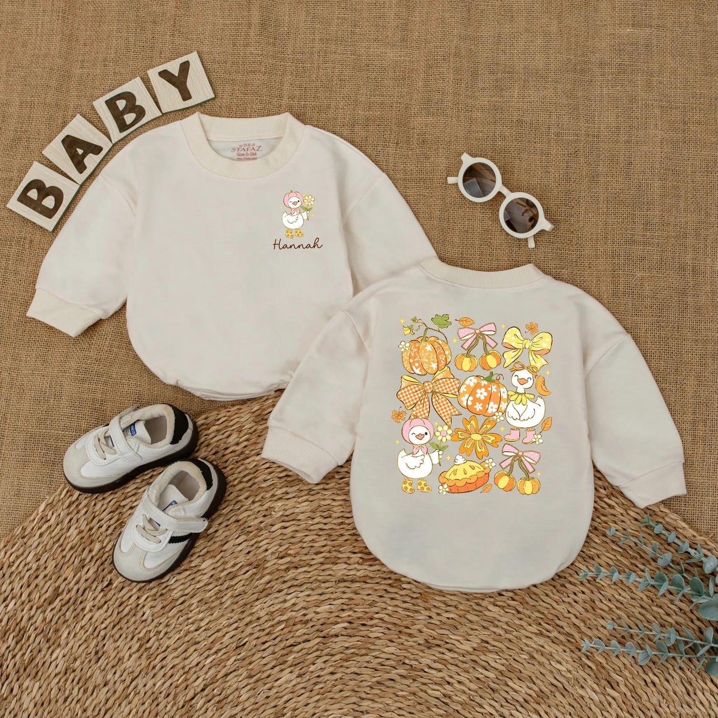 Personalized Baby Girl Fall Goose Romper with Custom Name for Autumn Pumpkin Season First Fall Outfit Newborn Bubble Bodysuit Gift Idea