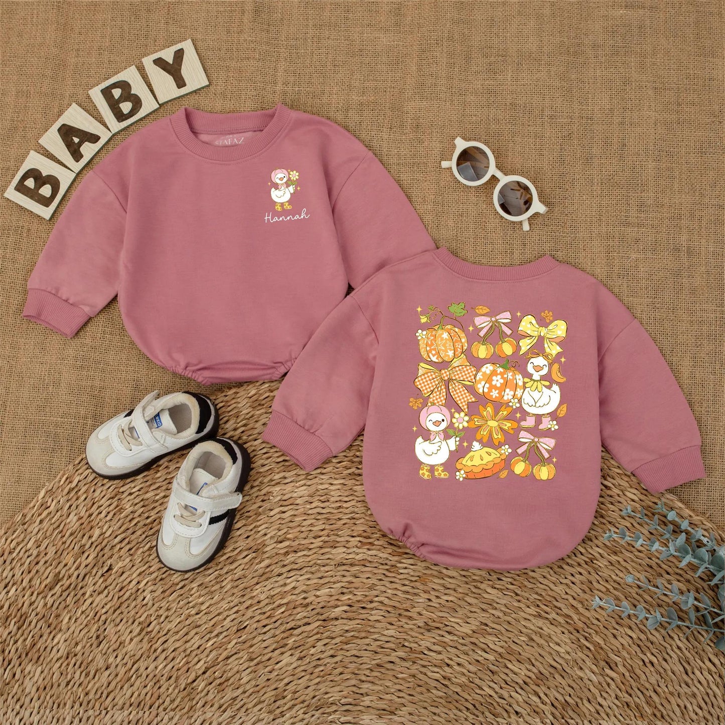 Personalized Baby Girl Fall Goose Romper with Custom Name for Autumn Pumpkin Season First Fall Outfit Newborn Bubble Bodysuit Gift Idea