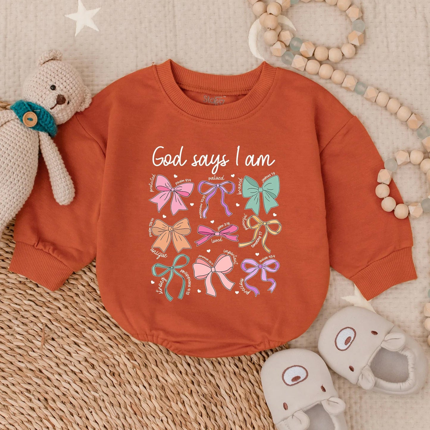 God Says I Am Romper for Baby Girl Pastel Bows & Bible Verses Sweet Christian Outfit Toddler Shower Gift