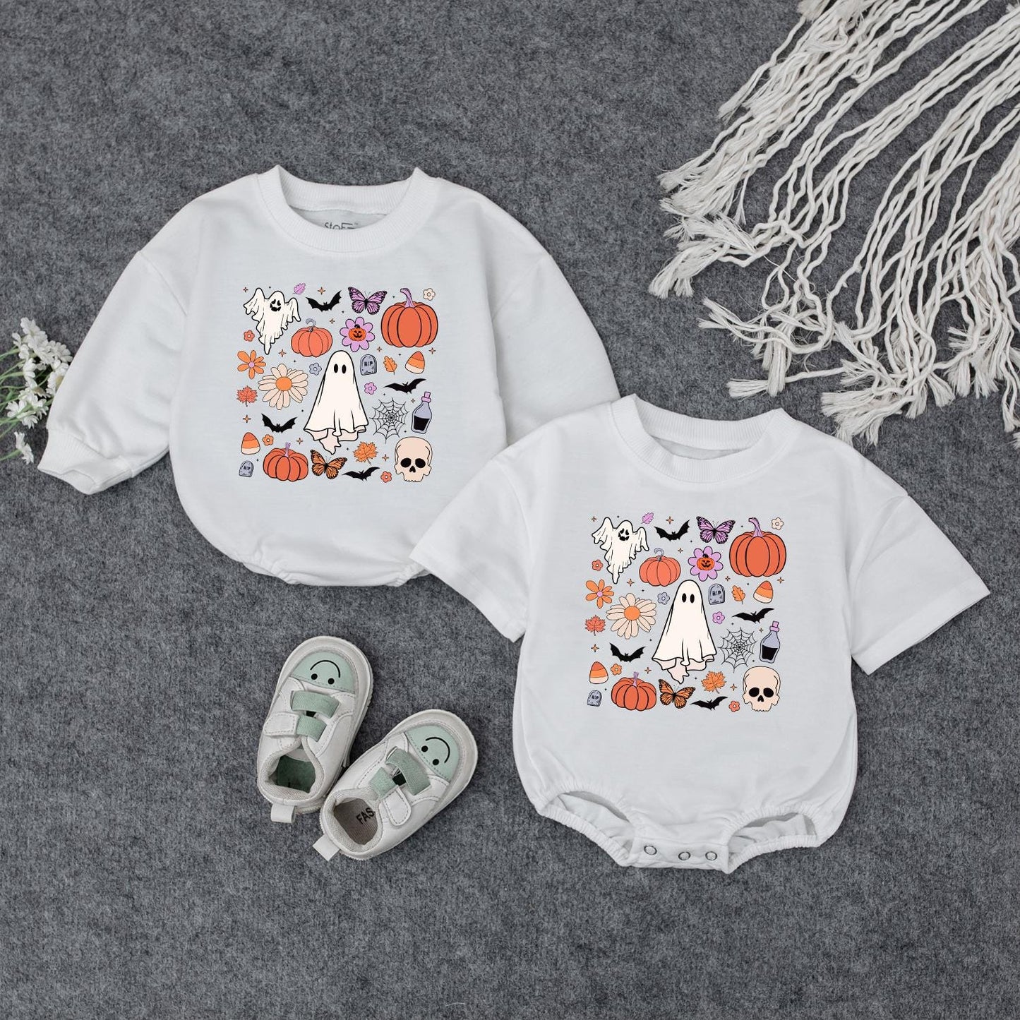 Retro Ghost Halloween Doodle Sweatshirt Toddler Baby Romper Spooky Fall Kid's Shirt First Halloween Gift