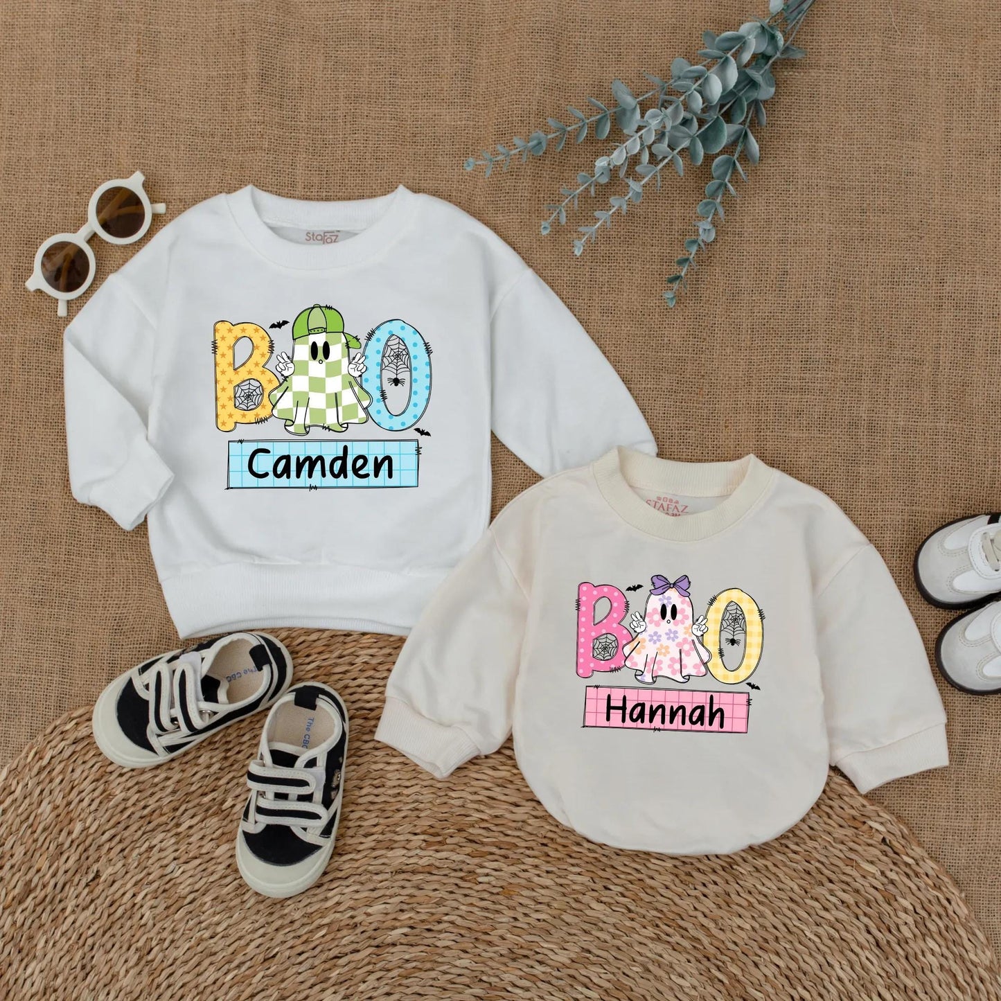 Personalized Boo Ghost Matching Siblings Halloween Outfits Boy Girl Sweatshirt Romper Toddler Baby Kids Fall Holiday Family Shirts