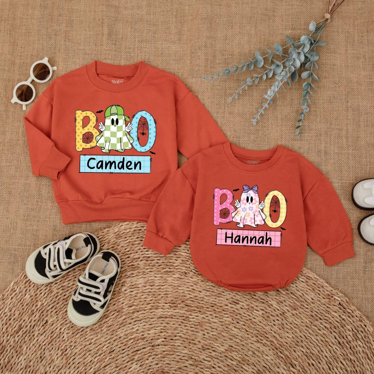 Personalized Boo Ghost Matching Siblings Halloween Outfits Boy Girl Sweatshirt Romper Toddler Baby Kids Fall Holiday Family Shirts
