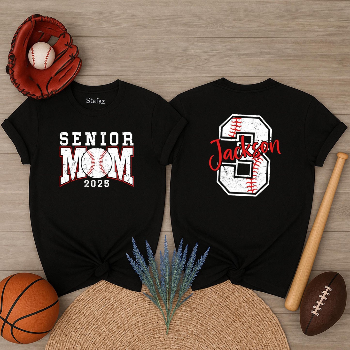 Custom Senior Baseball Mom T-Shirt Personalized Name Number Baseball Mama Tee School Team Name Gift