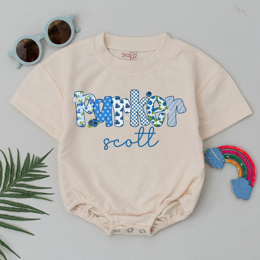 Custom Parker Scott Blueberry Bubble Romper for Baby Girl or Boy Cheerful Blue Patterned Newborn Outfit Baby Shower Gift