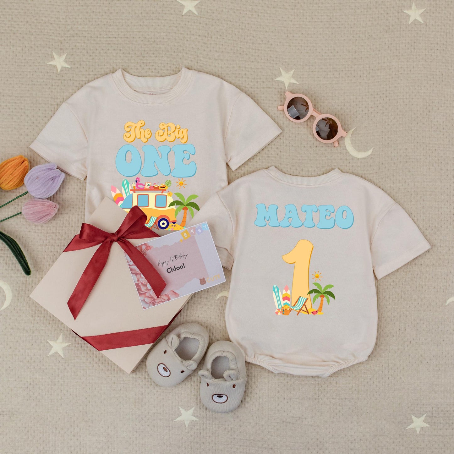 Personalized Mateo The Big One Retro Surf Bus Birthday Romper for Baby Boy First Birthday Catch Wave Outfit Summer Style