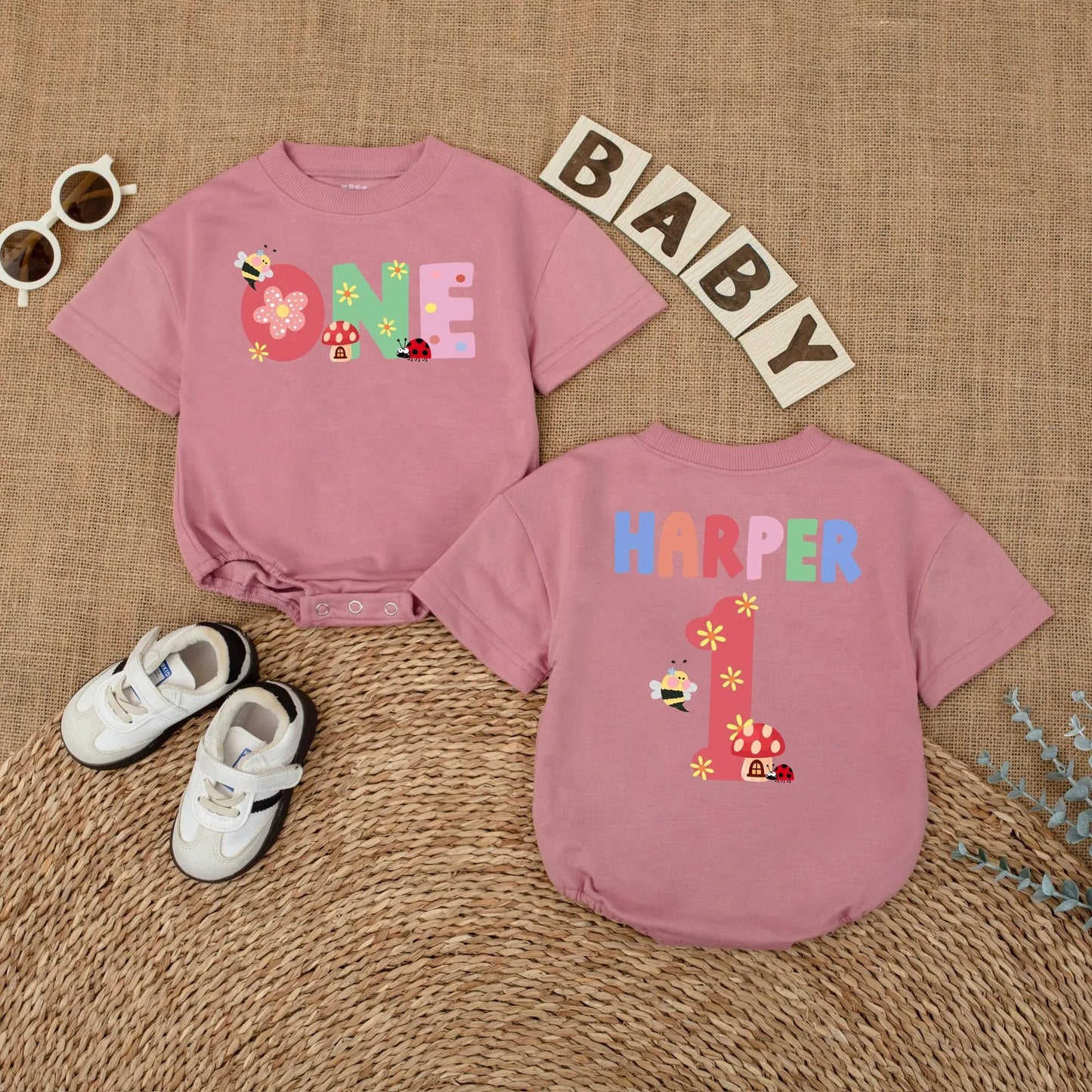 Personalized Baby Girl First Birthday Romper Summer Bug Bodysuit Cake Smash Outfit Cute Ladybug Wildflower Garden Party Gift