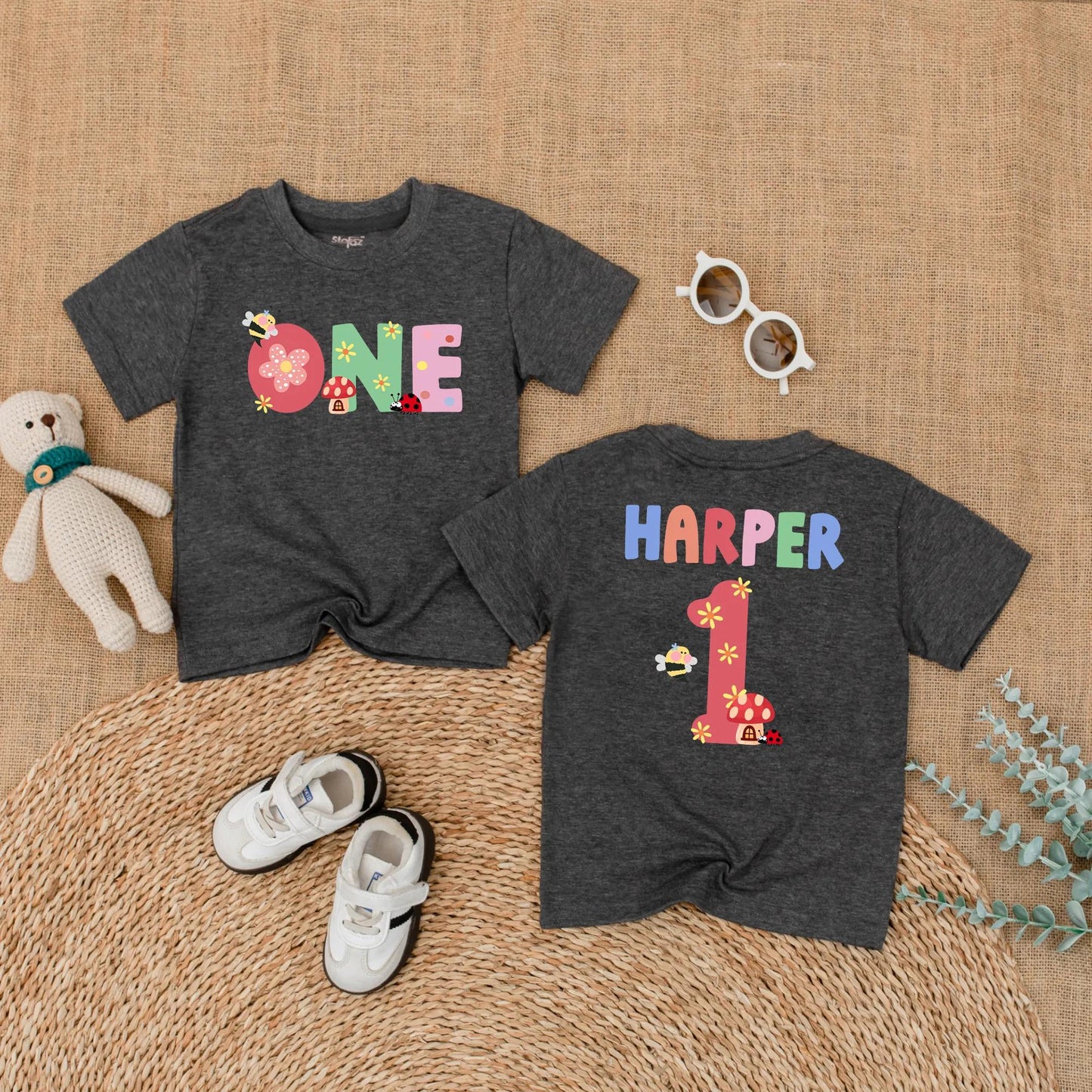 Personalized Baby Girl First Birthday Romper Summer Bug Bodysuit Cake Smash Outfit Cute Ladybug Wildflower Garden Party Gift
