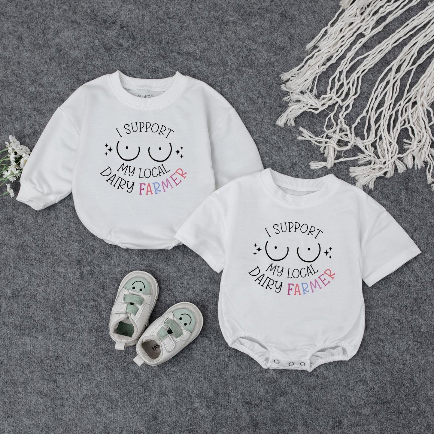 I Support My Local Dairy Farmer Romper, Farm Baby Bodysuit, Funny Newborn Gift, Boho Baby Shower Gift for Girl or Boy, Soft Cotton