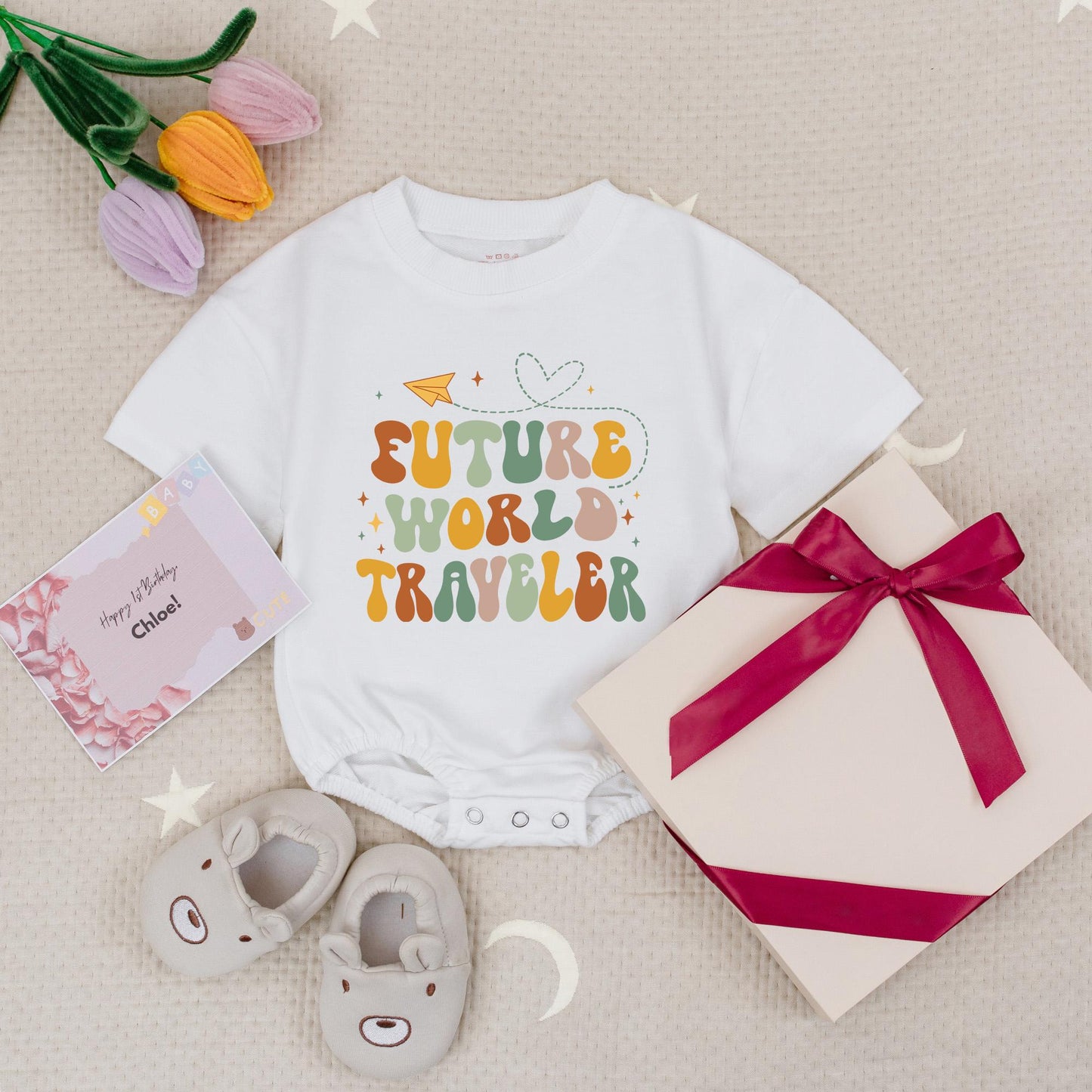 Future World Traveler Baby Romper Retro Adventure Bodysuit with Airplane & Heart Design Baby Gift Announcement for Girls & Boys