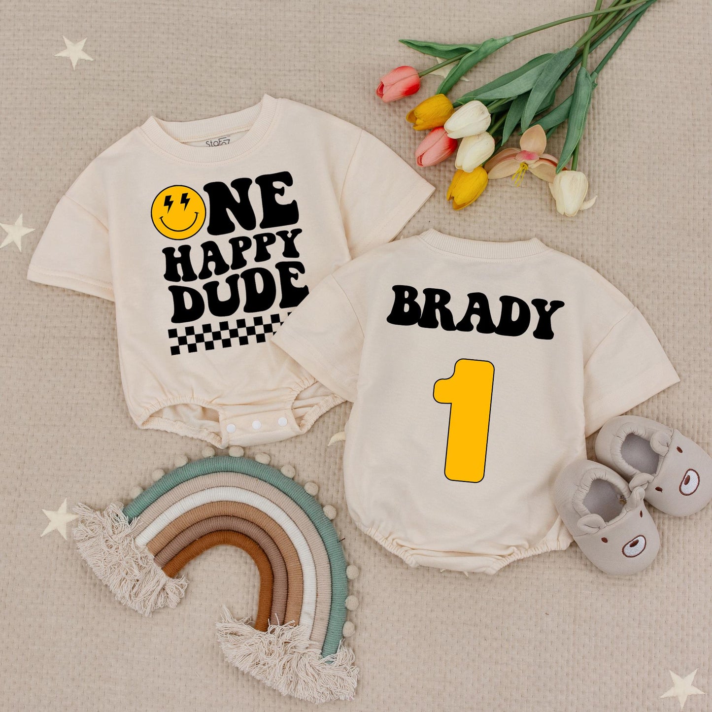 Custom One Happy Dude Baby Bodysuit Retro Smiley Face Lightning Eyes First Birthday Outfit Black Checkered Yellow Number One Design