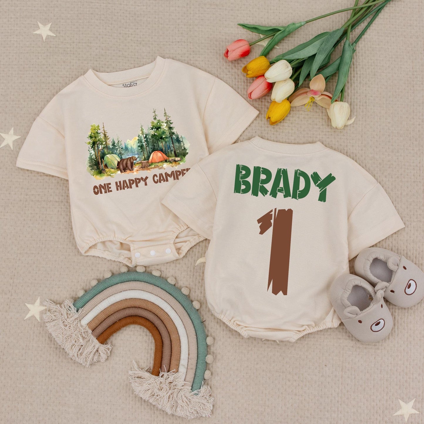 Personalized One Happy Camper Baby Romper Camping First Birthday Boy Outfit with Name and Number Outdoorsy Playful Woodland Design