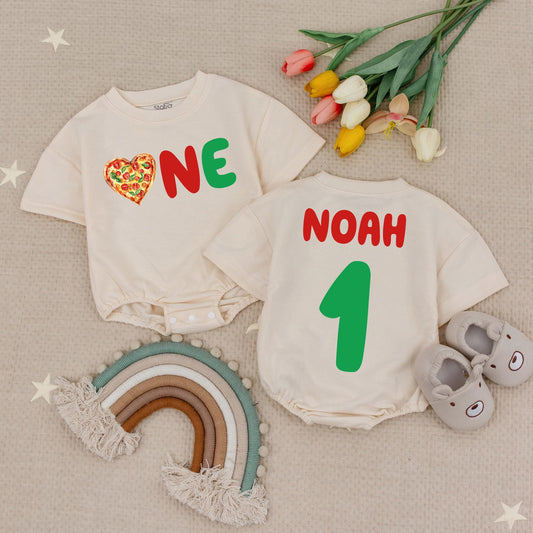 Pizza One Birthday Baby Romper Adorable Red Green Graphics Personalized Noah Name for First Birthday Celebration