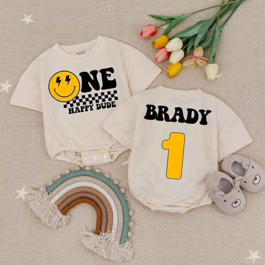 Custom Brady 1st Birthday Romper One Happy Dude Smiley Face Retro Baby Outfit First Birthday Boy Gift