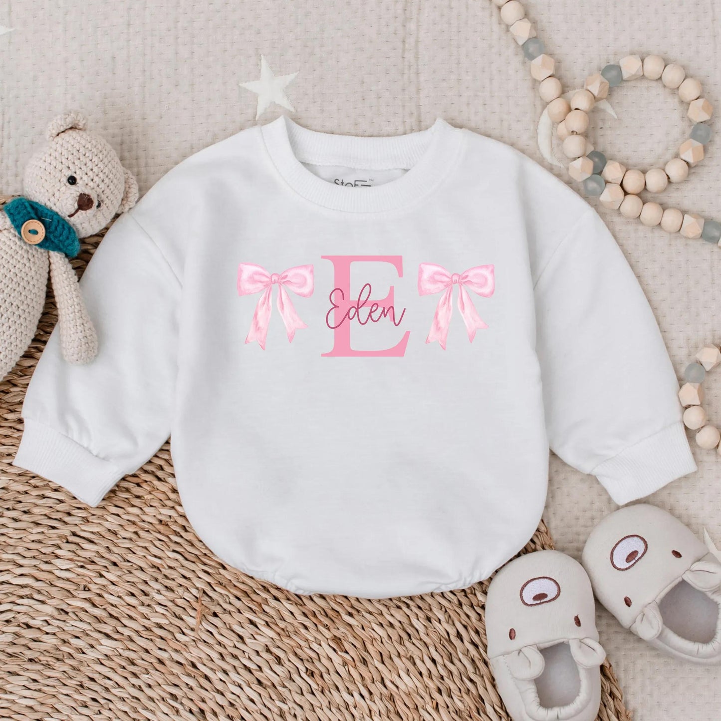 Custom Name Baby Girl Romper Sweatshirt with Bow | Personalized Infant Outfit Shower Gift | Cute Baby Clothes Idea for 1st Birthday